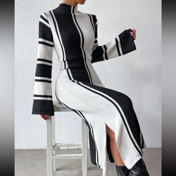 Cozy Striped Pattern Slit Hem Sweater Dress - Picture 1 of 6